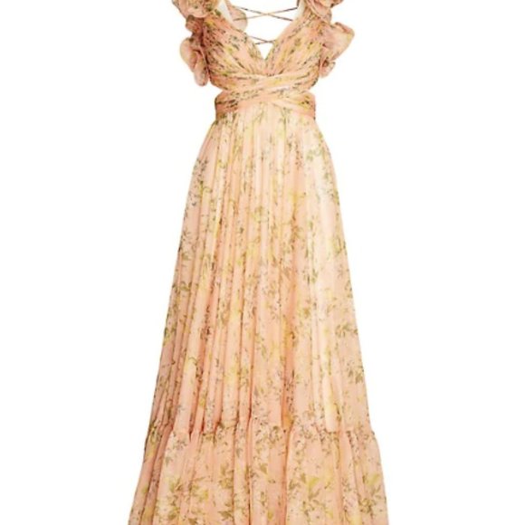 Mac Duggal Leena Ieena Floral Chiffon Ruffle Cut Out Lace Up Back Gown Dress 2 - Picture 3 of 9